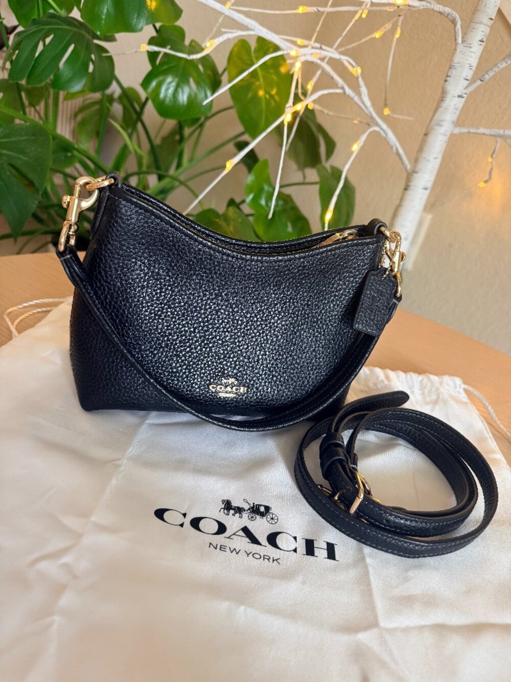 Coach Laurel Small Shoulder Bag in Black Pebble Leather with Gold-Tone Hardware